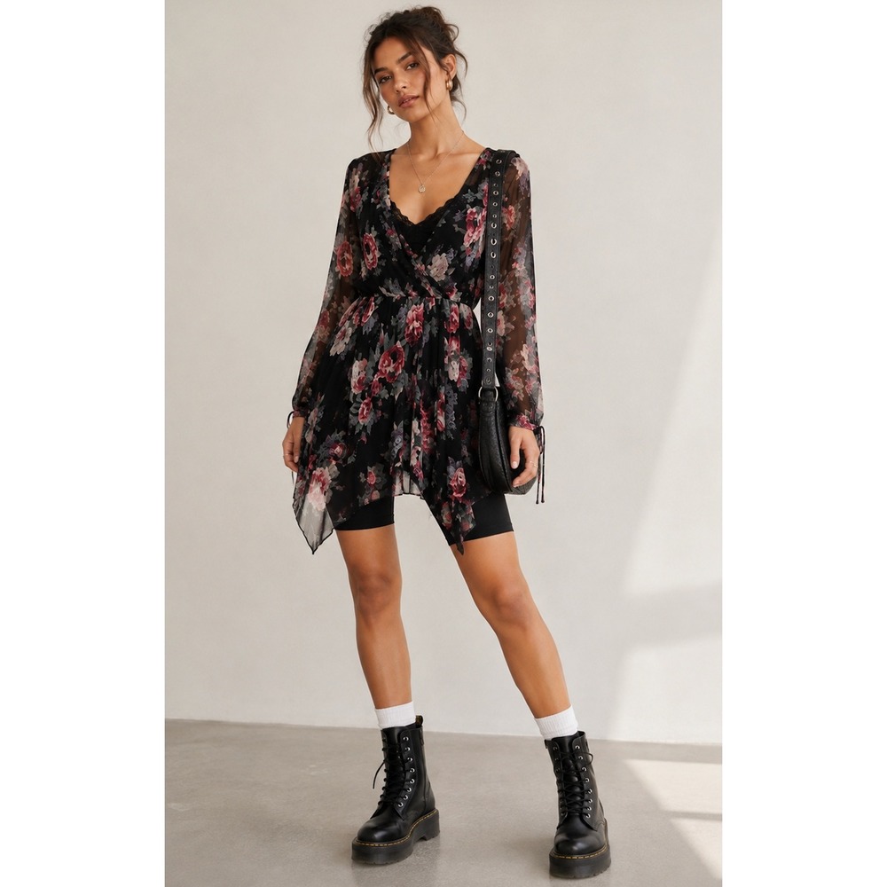 Sheer Floral Blouse Black Pink Long Sleeve Boho Y2K Womens